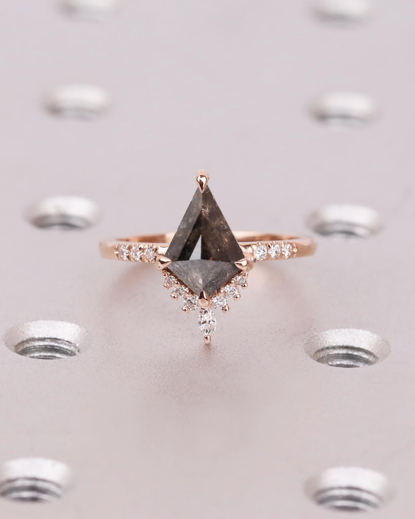 Kite Cut Salt and Pepper Diamond Engagement Ring with Round and Marquise Diamonds or Moissanites, 14K Rose Gold Vintage Wedding Ring for Her image #3