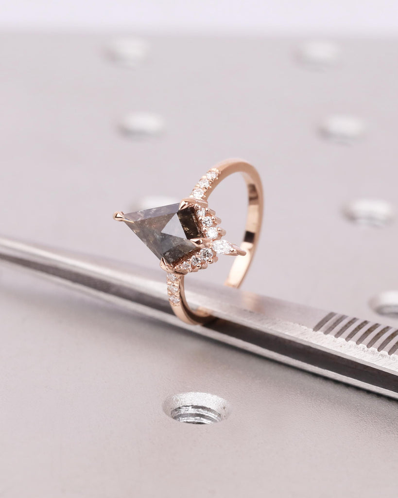 Kite Cut Salt and Pepper Diamond Engagement Ring with Round and Marquise Diamonds or Moissanites, 14K Rose Gold Vintage Wedding Ring for Her image #4