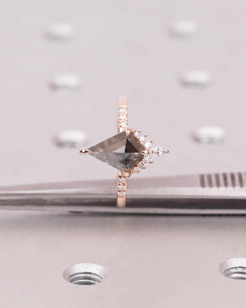 Kite Cut Salt and Pepper Diamond Engagement Ring with Round and Marquise Diamonds or Moissanites, 14K Rose Gold Vintage Wedding Ring for Her image #5