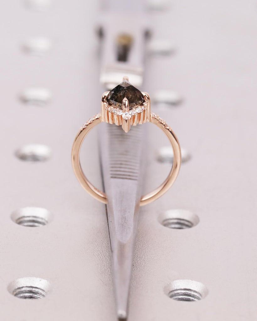 Kite Cut Salt and Pepper Diamond Engagement Ring with Round and Marquise Diamonds or Moissanites, 14K Rose Gold Vintage Wedding Ring for Her image #6