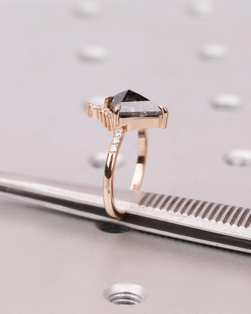 Kite Cut Salt and Pepper Diamond Engagement Ring with Round and Marquise Diamonds or Moissanites, 14K Rose Gold Vintage Wedding Ring for Her image #7