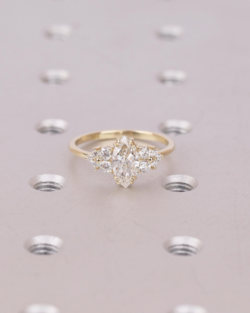 IGI Certified Marquise Cut Lab Grown Diamond Engagement Ring, Vintage 14k Solid Gold Wedding Rings, Round Moissanite Cluster Floral Accents image #8