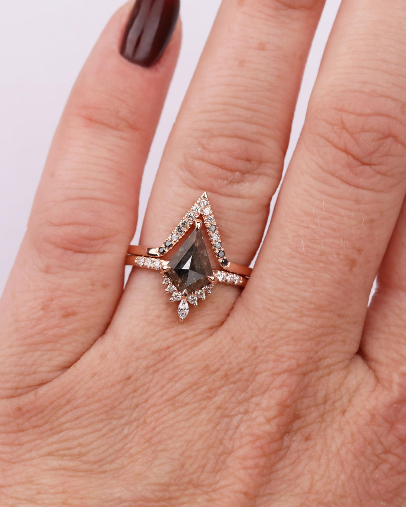 Kite Salt & Pepper Diamond Art Deco Engagement Ring Set with Moissanite Accents, V Shaped Ombre Diamond Band, 14k Rose Gold Bridal Ring Set image #2