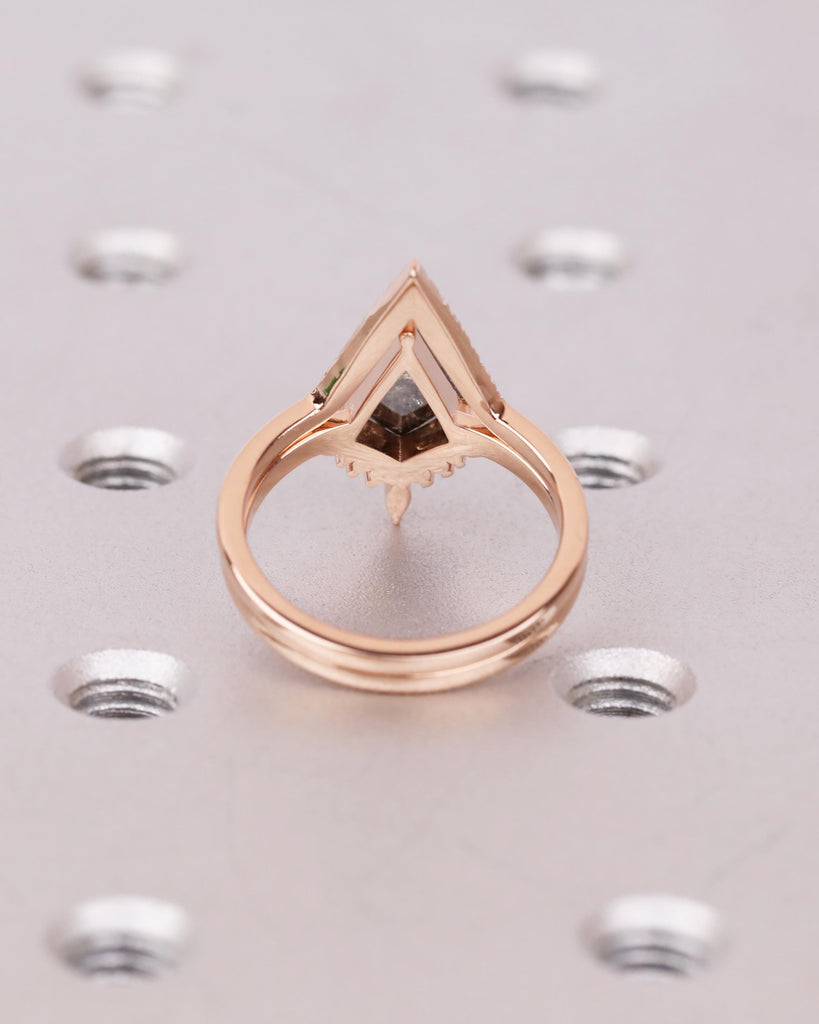 Kite Salt & Pepper Diamond Art Deco Engagement Ring Set with Moissanite Accents, V Shaped Ombre Diamond Band, 14k Rose Gold Bridal Ring Set image #9