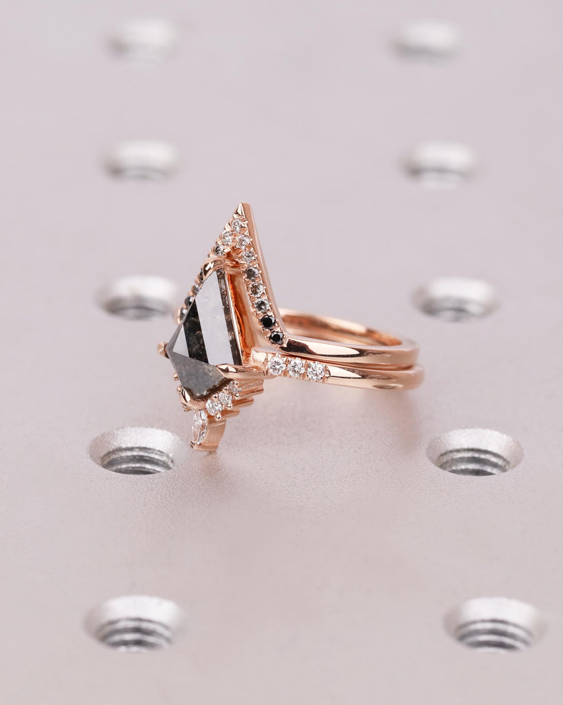 Kite Salt & Pepper Diamond Art Deco Engagement Ring Set with Moissanite Accents, V Shaped Ombre Diamond Band, 14k Rose Gold Bridal Ring Set image #3