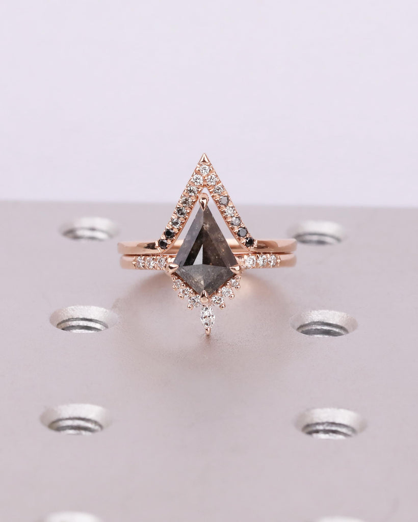14K Rose Gold Engagement Ring Set: Salt & Pepper Kite Diamond Ring with Moissanite Accents, Curved Wedding Band with Ombre Diamonds image #3