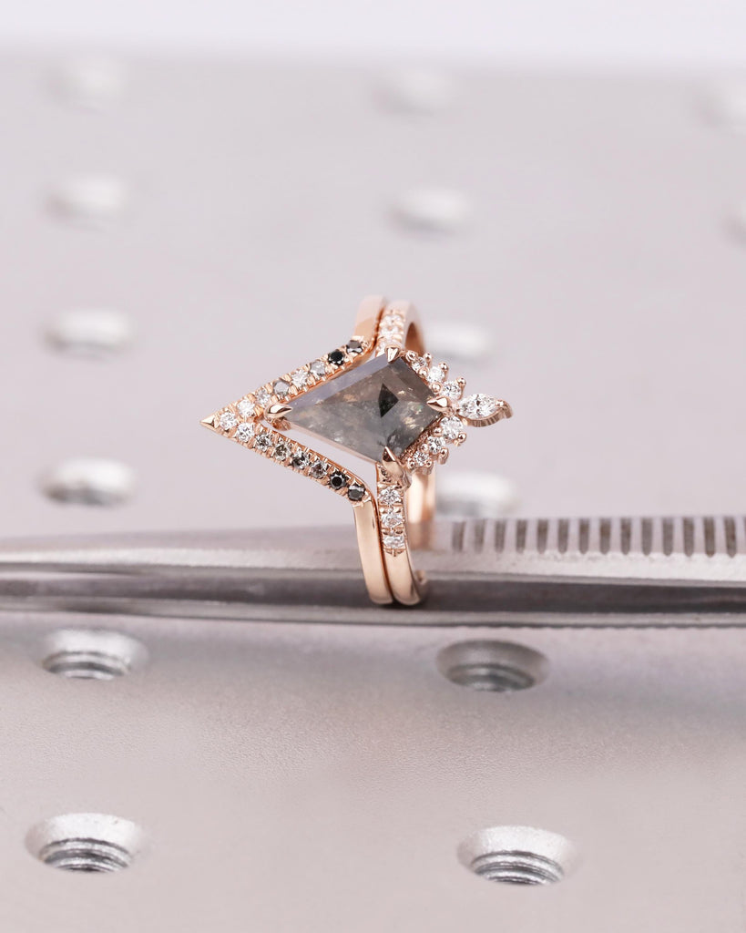 14K Rose Gold Engagement Ring Set: Salt & Pepper Kite Diamond Ring with Moissanite Accents, Curved Wedding Band with Ombre Diamonds image #5