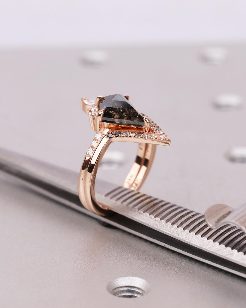 14K Rose Gold Engagement Ring Set: Salt & Pepper Kite Diamond Ring with Moissanite Accents, Curved Wedding Band with Ombre Diamonds image #7