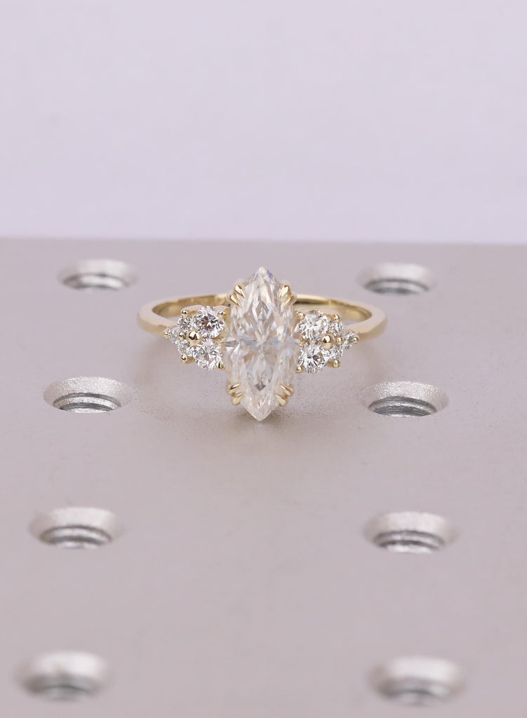 Yellow Gold Marquise Lab Diamond Engagement Ring with Round Cluster Side Stones, Unique Proposal Ring image #3