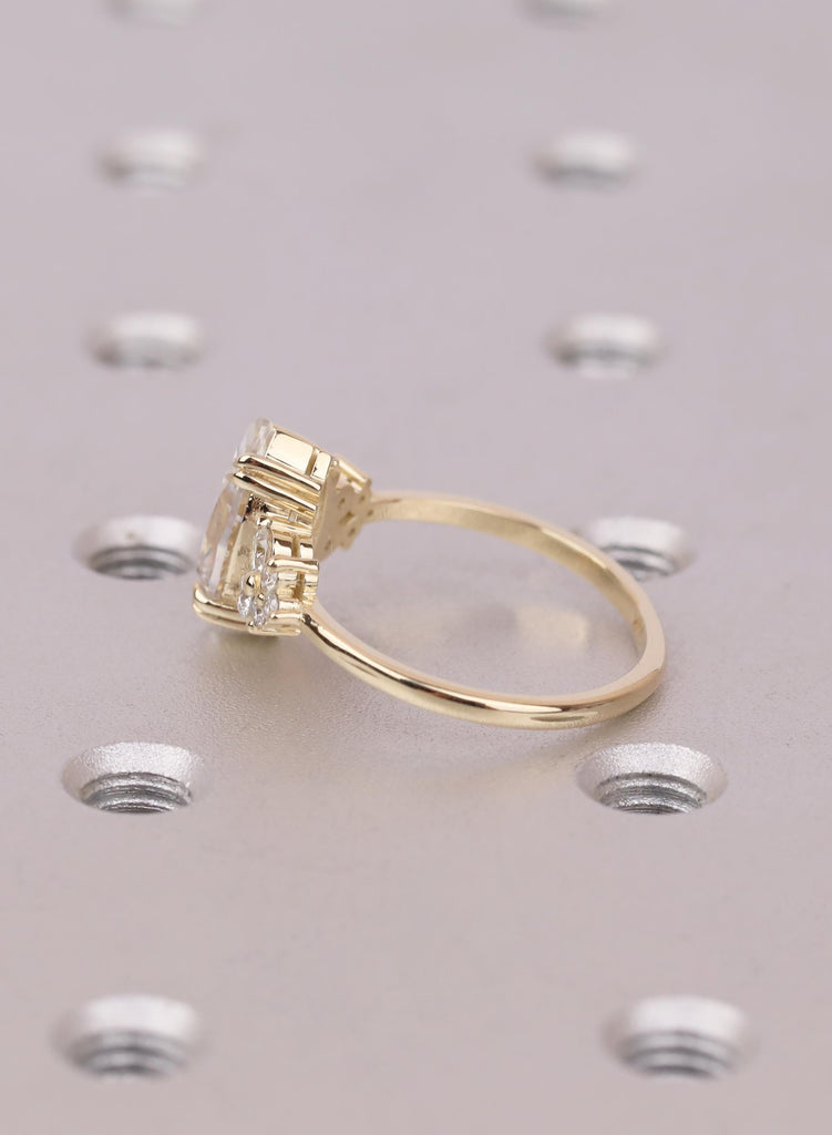 Yellow Gold Marquise Lab Diamond Engagement Ring with Round Cluster Side Stones, Unique Proposal Ring image #7