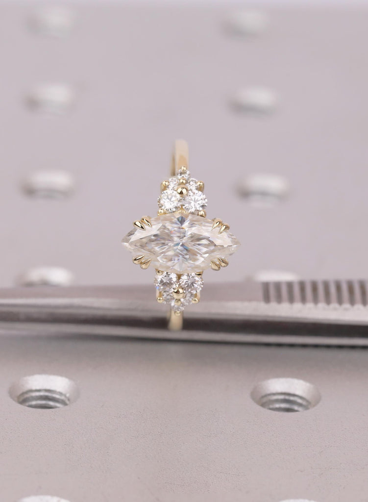 Marquise Lab Grown Diamond Ring with Round Cluster Accents, Jewelry For Wedding Engagement image #11