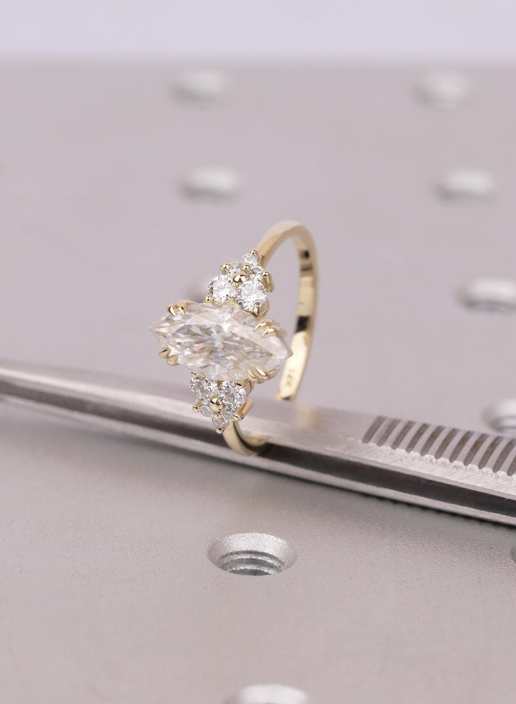 Yellow Gold Marquise Lab Diamond Engagement Ring with Round Cluster Side Stones, Unique Proposal Ring image #10