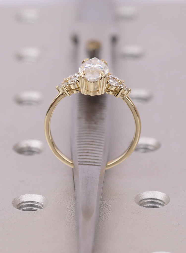 Yellow Gold Marquise Lab Diamond Engagement Ring with Round Cluster Side Stones, Unique Proposal Ring image #12