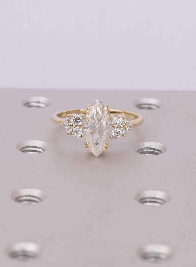 Marquise Moissanite Engagement Ring in Yellow Gold with Round Cluster Side Stones, Vintage Inspired Proposal Ring for Her image #14