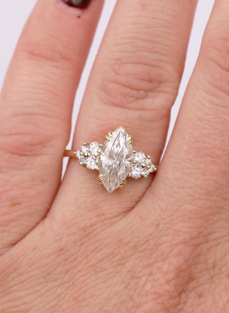 Marquise Moissanite Engagement Ring in Yellow Gold with Round Cluster Side Stones, Vintage Inspired Proposal Ring for Her image #2
