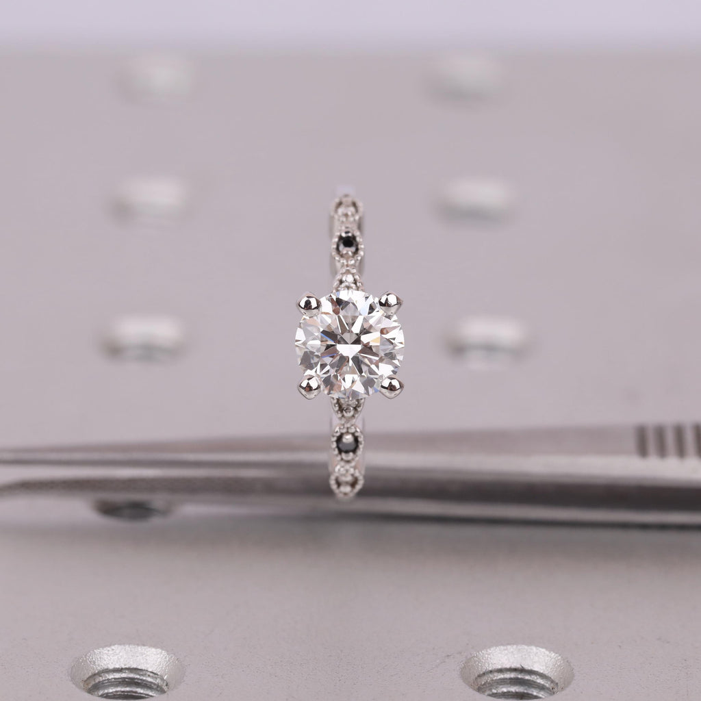 14k White Gold Promise Ring with White Moissanite and Black Diamond | Unique Round cut Ring Jewelry Gift for Her image #1