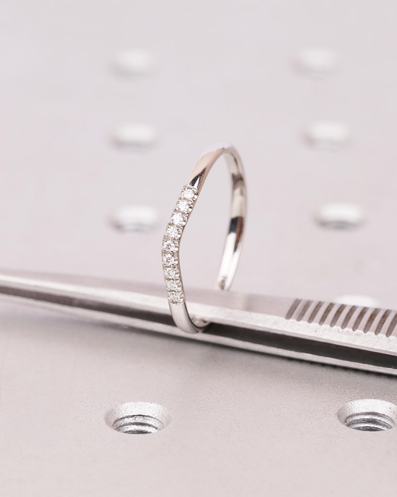 Curved Wedding Band with Round Diamonds or Moissanites | Platinum, 14K or 18K Gold Band | Nine Stone Ring | Vintage Style Wedding Rings image #6