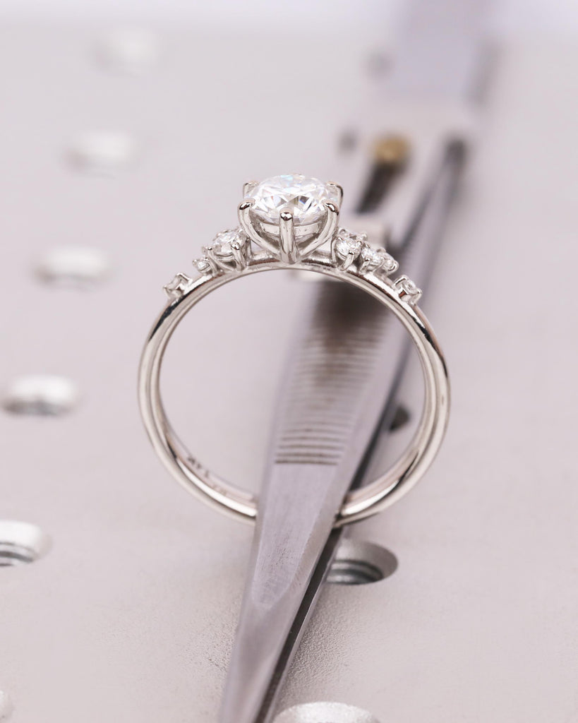 2Pcs Round Moissanite Engagement Ring Set | Unique Snowdrift Cluster Ring | Curved Moissanite Wedding Band | 14K, 18K Solid Gold or Platinum image #9