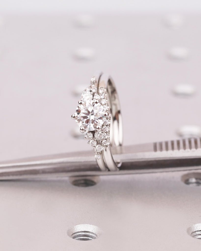 2Pcs Round Moissanite Engagement Ring Set | Unique Snowdrift Cluster Ring | Curved Moissanite Wedding Band | 14K, 18K Solid Gold or Platinum image #8