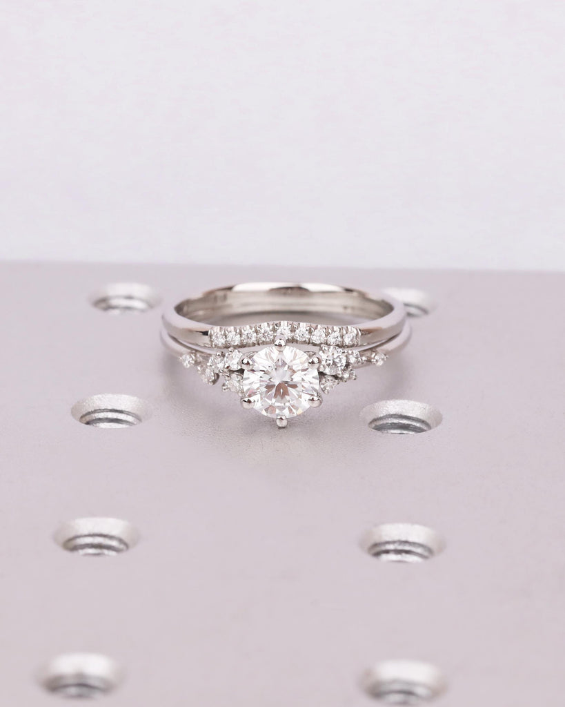 2Pcs Round Lab Grown Diamond Engagement Ring Set, Unique Snowdrift Cluster Ring Set, Curved Diamond Wedding Band, 14K Solid Gold or Platinum image #3
