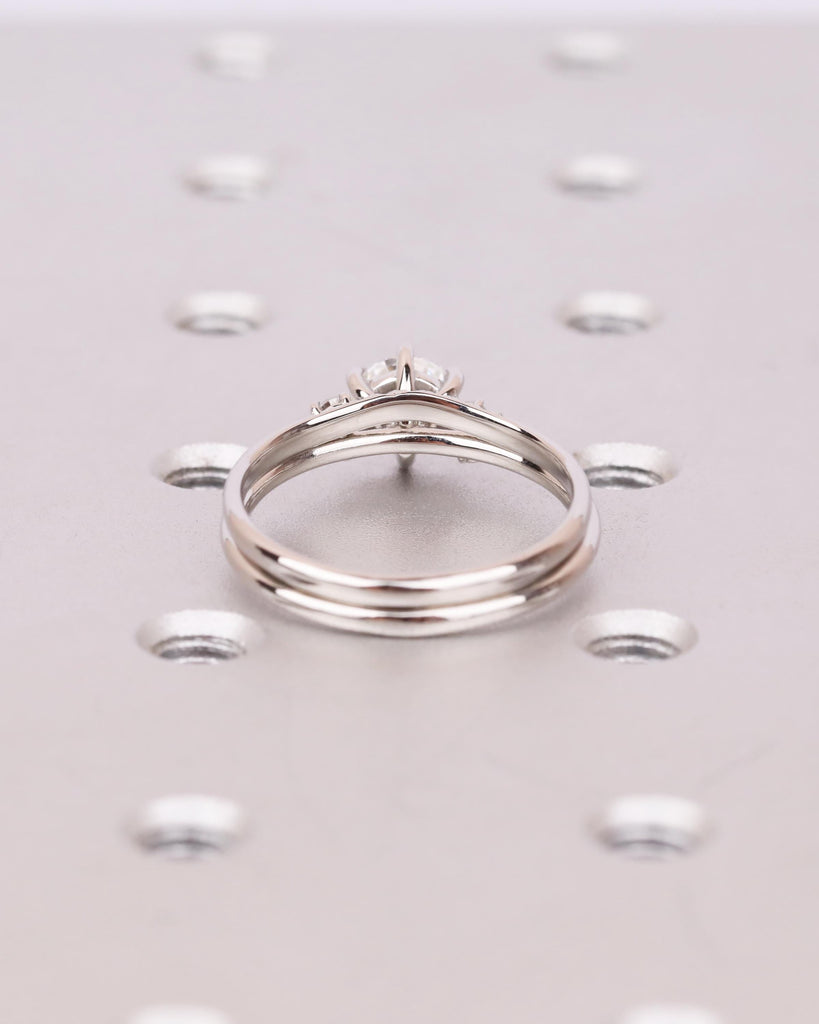 2Pcs Round Lab Grown Diamond Engagement Ring Set, Unique Snowdrift Cluster Ring Set, Curved Diamond Wedding Band, 14K Solid Gold or Platinum image #6