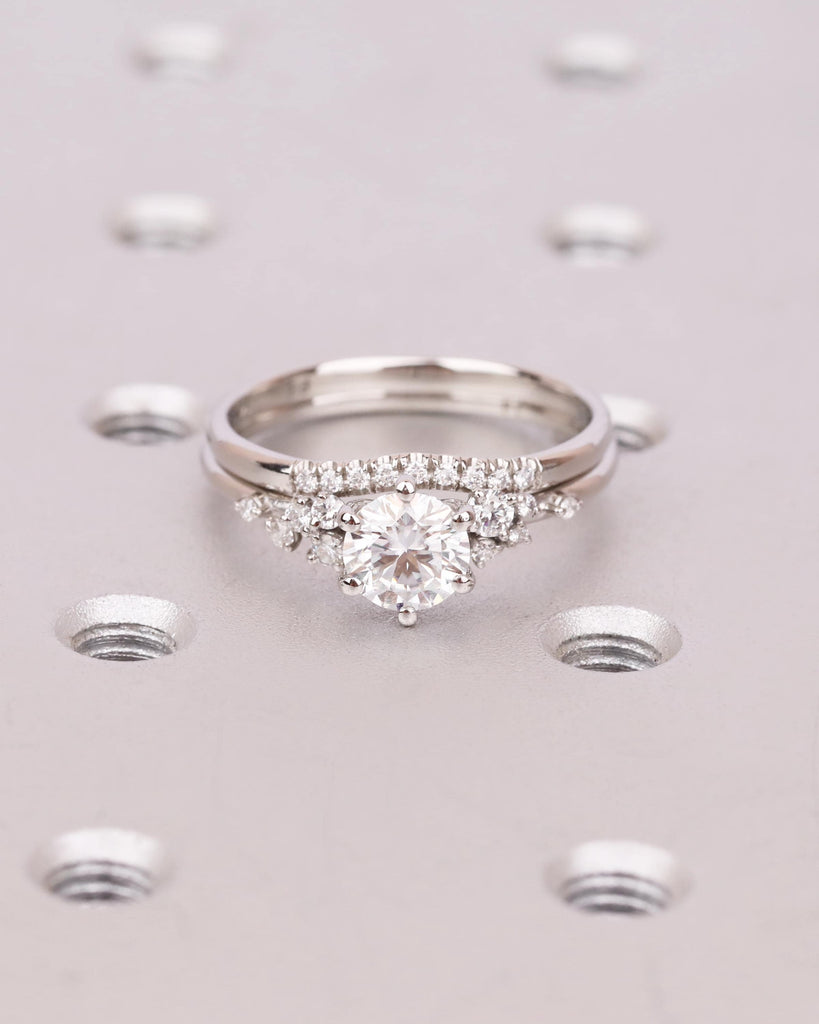 2Pcs Round Lab Grown Diamond Engagement Ring Set, Unique Snowdrift Cluster Ring Set, Curved Diamond Wedding Band, 14K Solid Gold or Platinum image #4