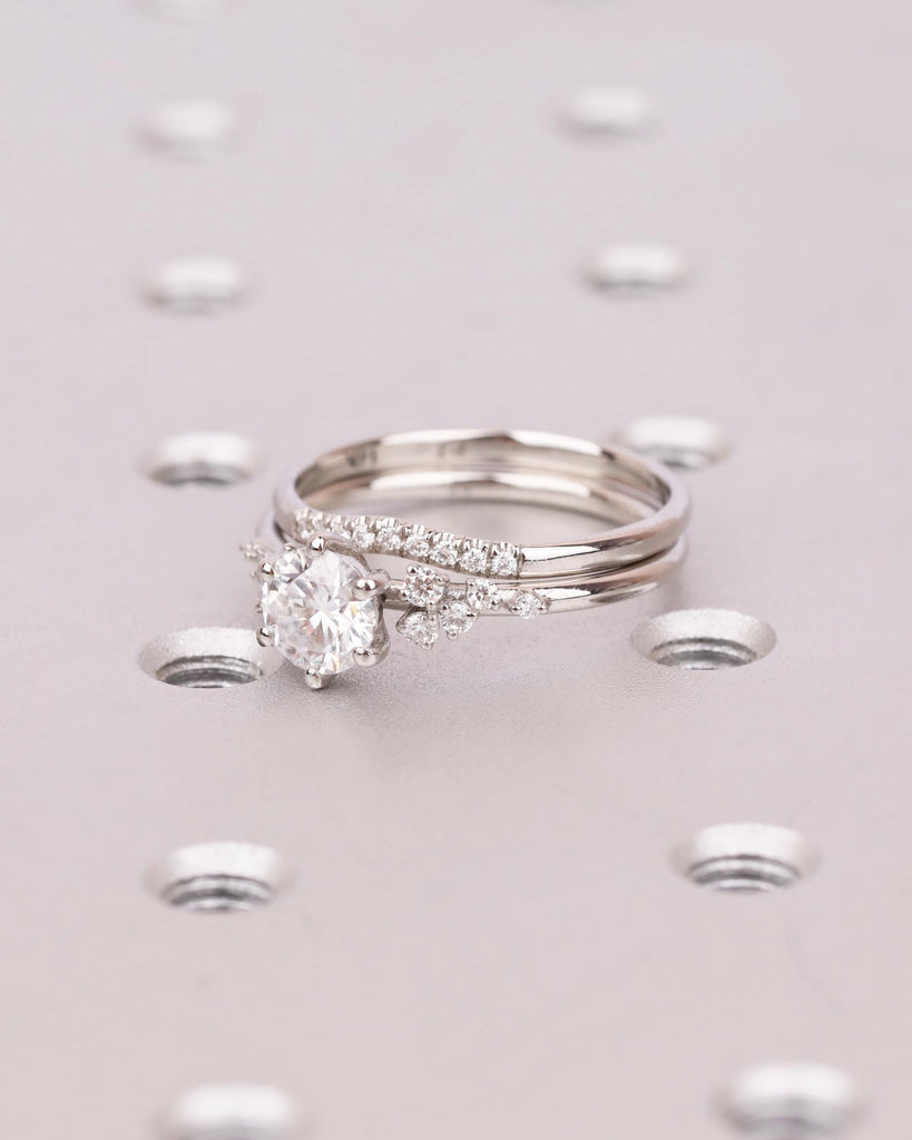 Vintage Lab Grown Diamond Snowdrift Cluster Engagement Ring with Matching Diamond Band, 2Pcs Bridal Ring Set image #6
