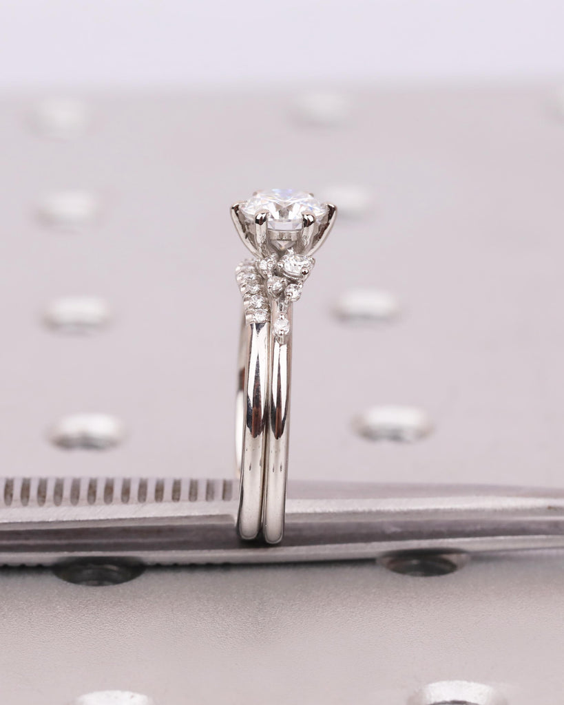 2Pcs Round Lab Grown Diamond Engagement Ring Set, Unique Snowdrift Cluster Ring Set, Curved Diamond Wedding Band, 14K Solid Gold or Platinum image #9