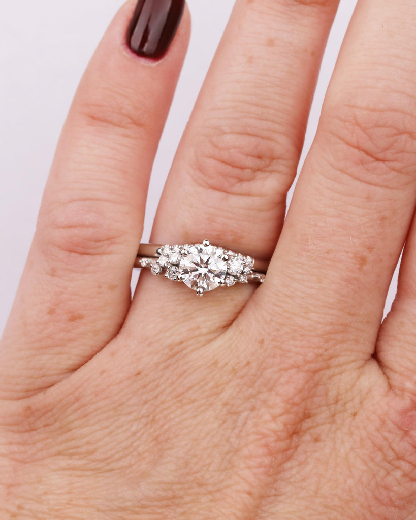 Vintage Lab Grown Diamond Snowdrift Cluster Engagement Ring with Matching Diamond Band, 2Pcs Bridal Ring Set image #3