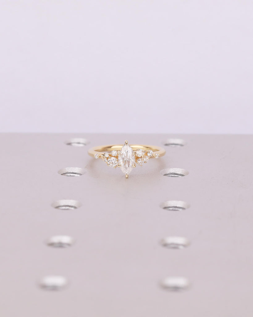 18k Solid Gold Moissanite Marquise Ring, Vintage Engagement Ring, Personalized Wedding Jewelry, Art Deco Snowdrift Diamond Cluster Rings image #11