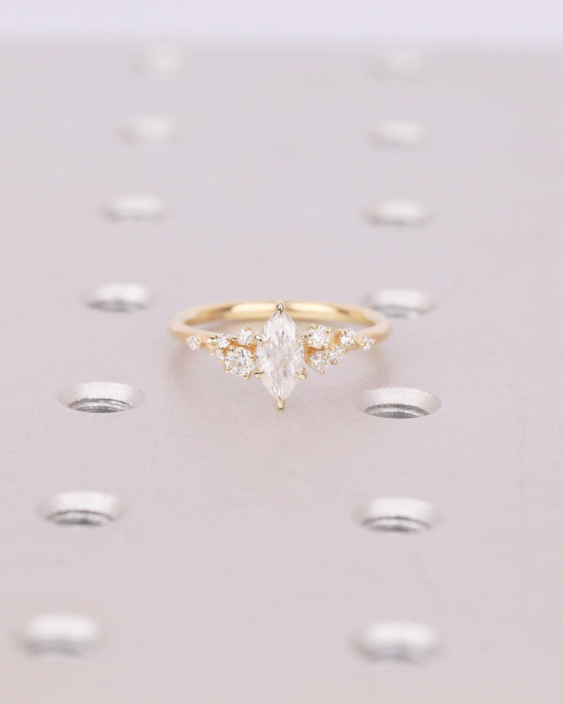 18k Solid Gold Moissanite Marquise Ring, Vintage Engagement Ring, Personalized Wedding Jewelry, Art Deco Snowdrift Diamond Cluster Rings image #18