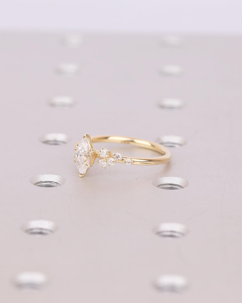 18k Solid Gold Moissanite Marquise Ring, Vintage Engagement Ring, Personalized Wedding Jewelry, Art Deco Snowdrift Diamond Cluster Rings image #9
