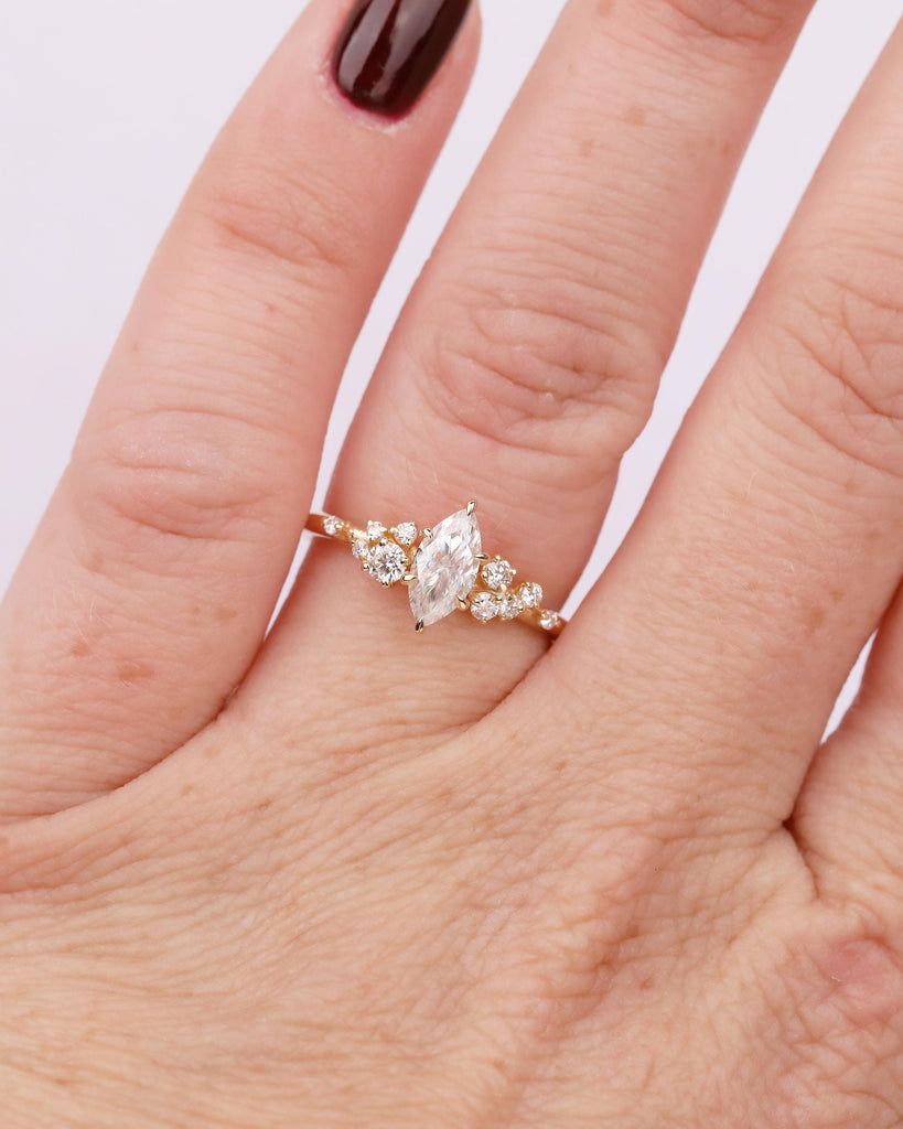 18k Solid Gold Moissanite Marquise Ring, Vintage Engagement Ring, Personalized Wedding Jewelry, Art Deco Snowdrift Diamond Cluster Rings image #2
