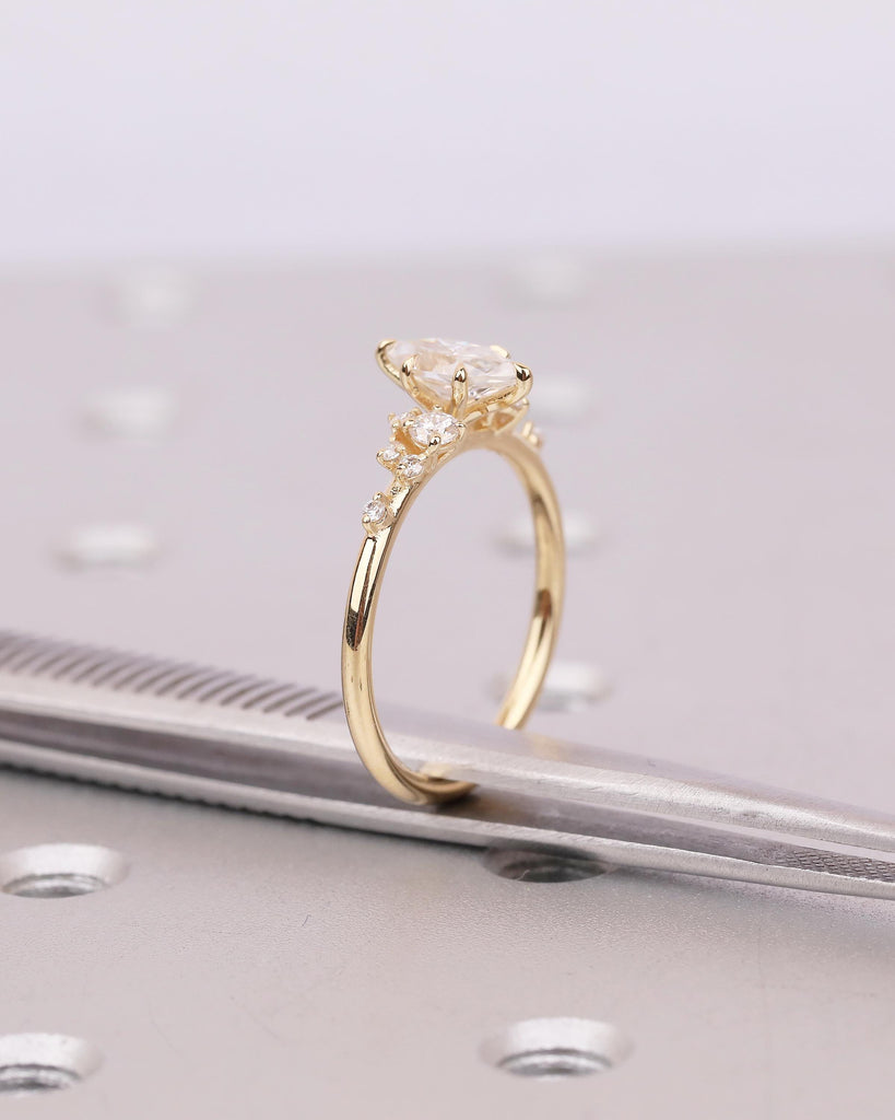 Lab Made Diamond Marquise Engagement Ring, 6 Prong 18k Gold Wedding Rings for Women, Snowdrift Moissanite Cluster Accents, Bridal Jewelry image #5