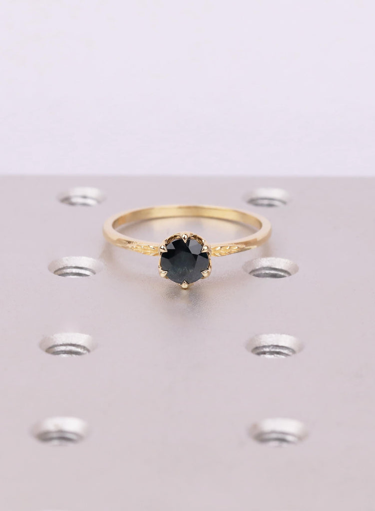 Teal Montana Sapphire Tulip Engagement Ring, Dainty Leaf Engraved Nature Ring image #15