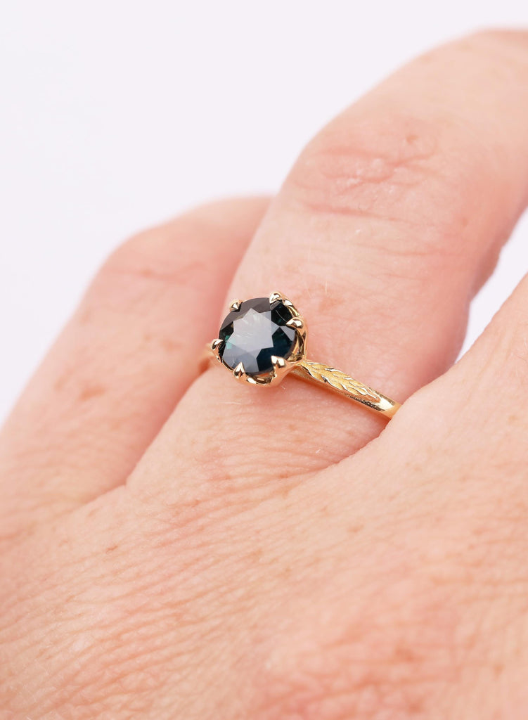Montana Sapphire Ring with Lotus Petal Setting, Teal Sapphire Engagement Ring, 18K Yellow Gold Leaf Engraved Band image #14