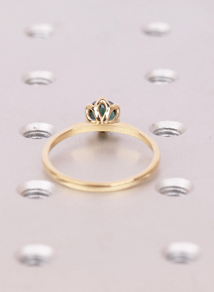 Teal Montana Sapphire Tulip Engagement Ring, Dainty Leaf Engraved Nature Ring image #6