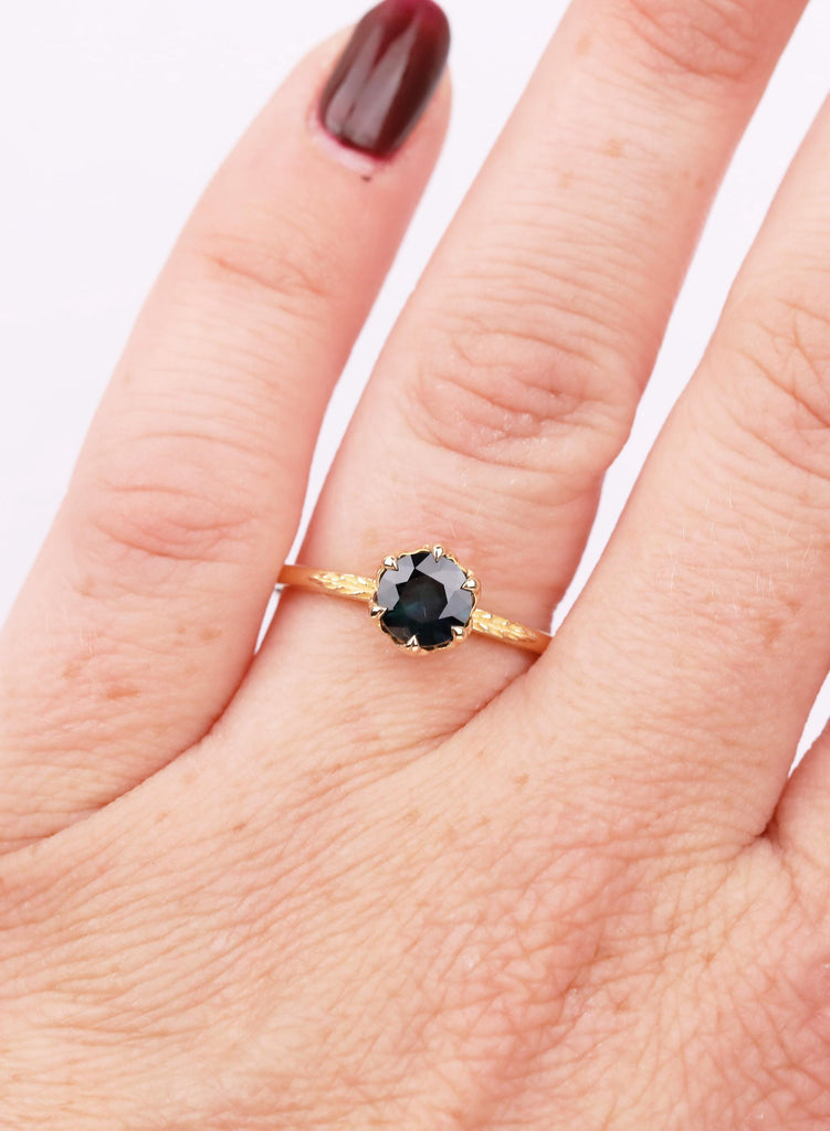 Teal Montana Sapphire Tulip Engagement Ring, Dainty Leaf Engraved Nature Ring image #3