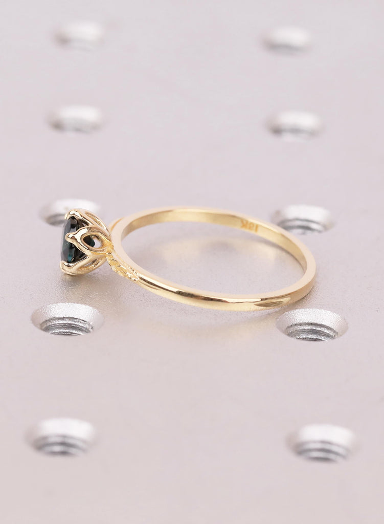 Montana Sapphire Ring with Lotus Petal Setting, Teal Sapphire Engagement Ring, 18K Yellow Gold Leaf Engraved Band image #7