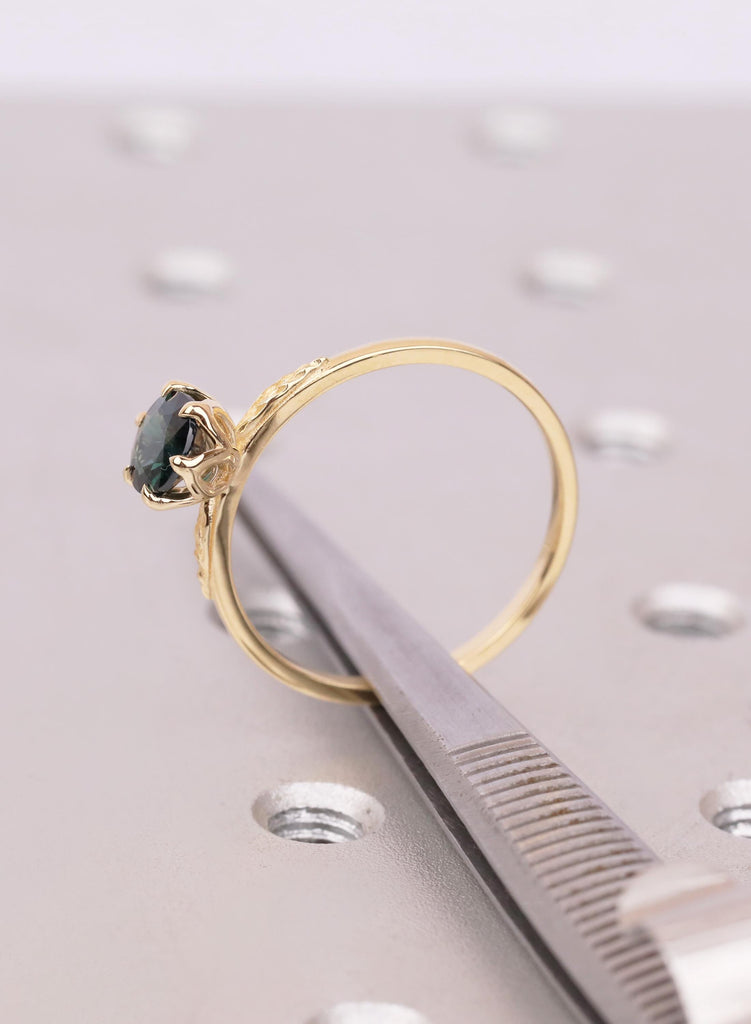 Montana Sapphire Ring with Lotus Petal Setting, Teal Sapphire Engagement Ring, 18K Yellow Gold Leaf Engraved Band image #8