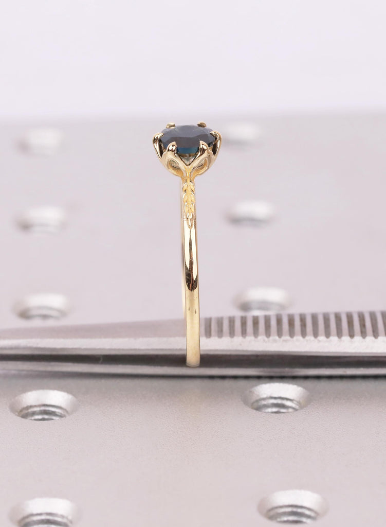 Teal Montana Sapphire Tulip Engagement Ring, Dainty Leaf Engraved Nature Ring image #13