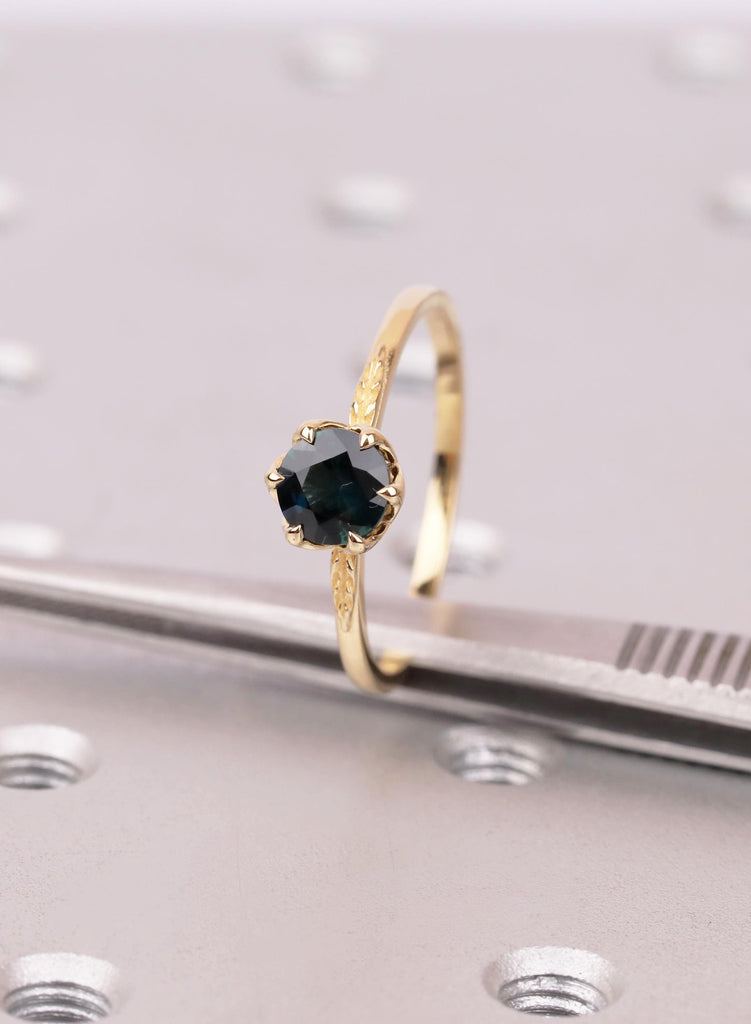 Montana Sapphire Ring with Lotus Petal Setting, Teal Sapphire Engagement Ring, 18K Yellow Gold Leaf Engraved Band image #12