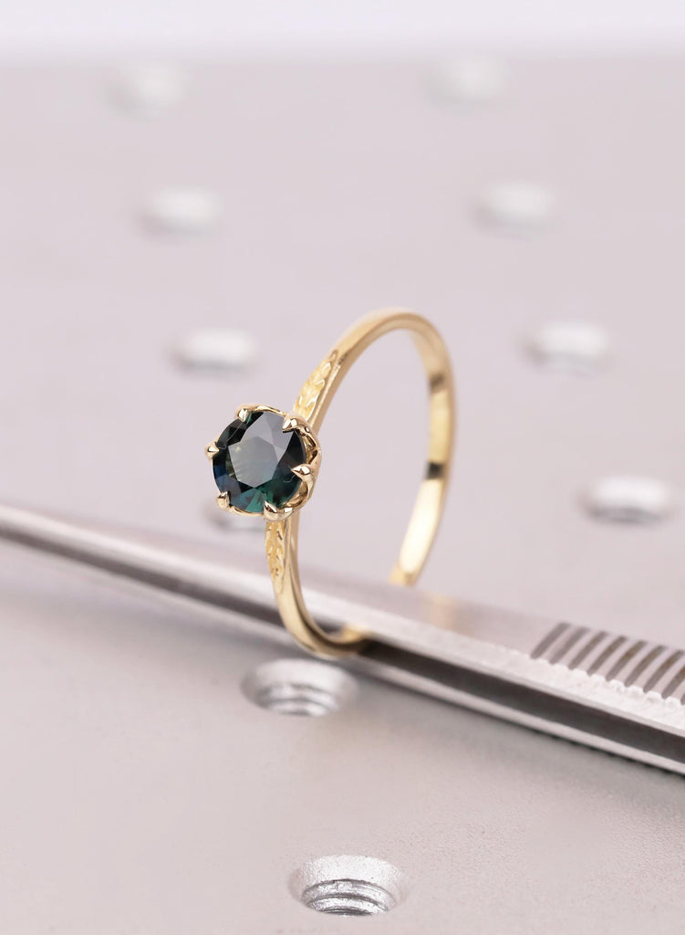 Montana Sapphire Ring with Lotus Petal Setting, Teal Sapphire Engagement Ring, 18K Yellow Gold Leaf Engraved Band image #1
