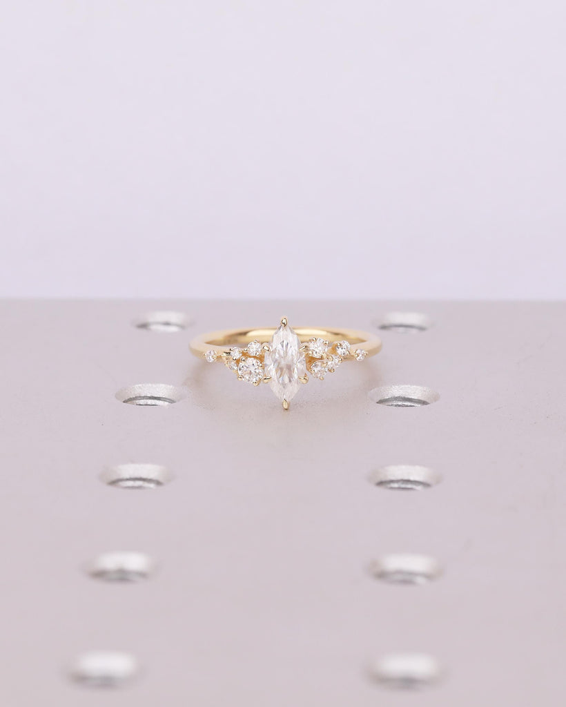Marquise Cut Moissanite Engagement Rings for Women, 18k Yellow Gold Snowdrift Bridal Ring image #2
