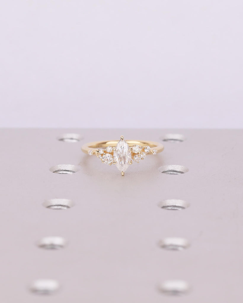 18k Solid Gold Moissanite Marquise Ring, Vintage Engagement Ring, Personalized Wedding Jewelry, Art Deco Snowdrift Diamond Cluster Rings image #1