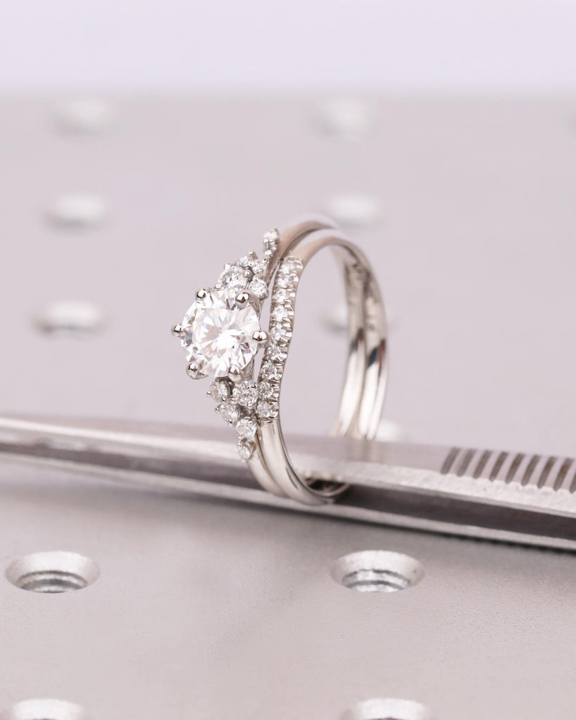 Vintage Lab Grown Diamond Snowdrift Cluster Engagement Ring with Matching Diamond Band, 2Pcs Bridal Ring Set image #4