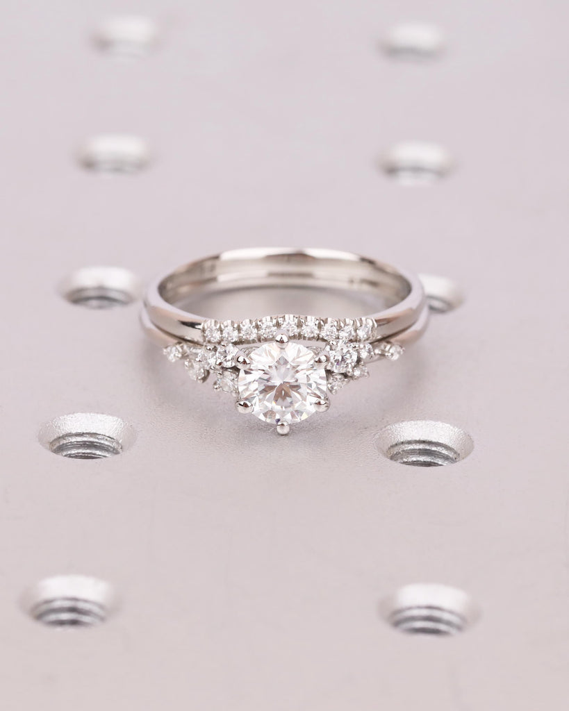 Vintage Lab Grown Diamond Snowdrift Cluster Engagement Ring with Matching Diamond Band, 2Pcs Bridal Ring Set image #1