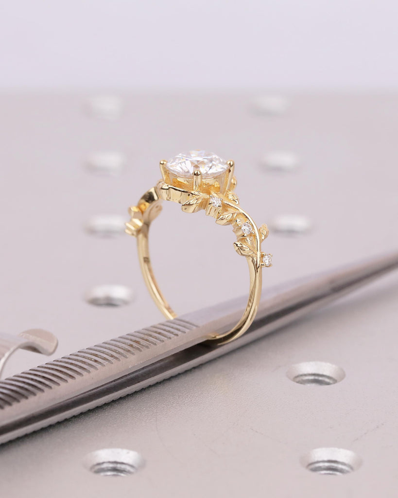 Round Moissanite Nature Inspired Engagement Ring in 18k Yellow Gold image #5