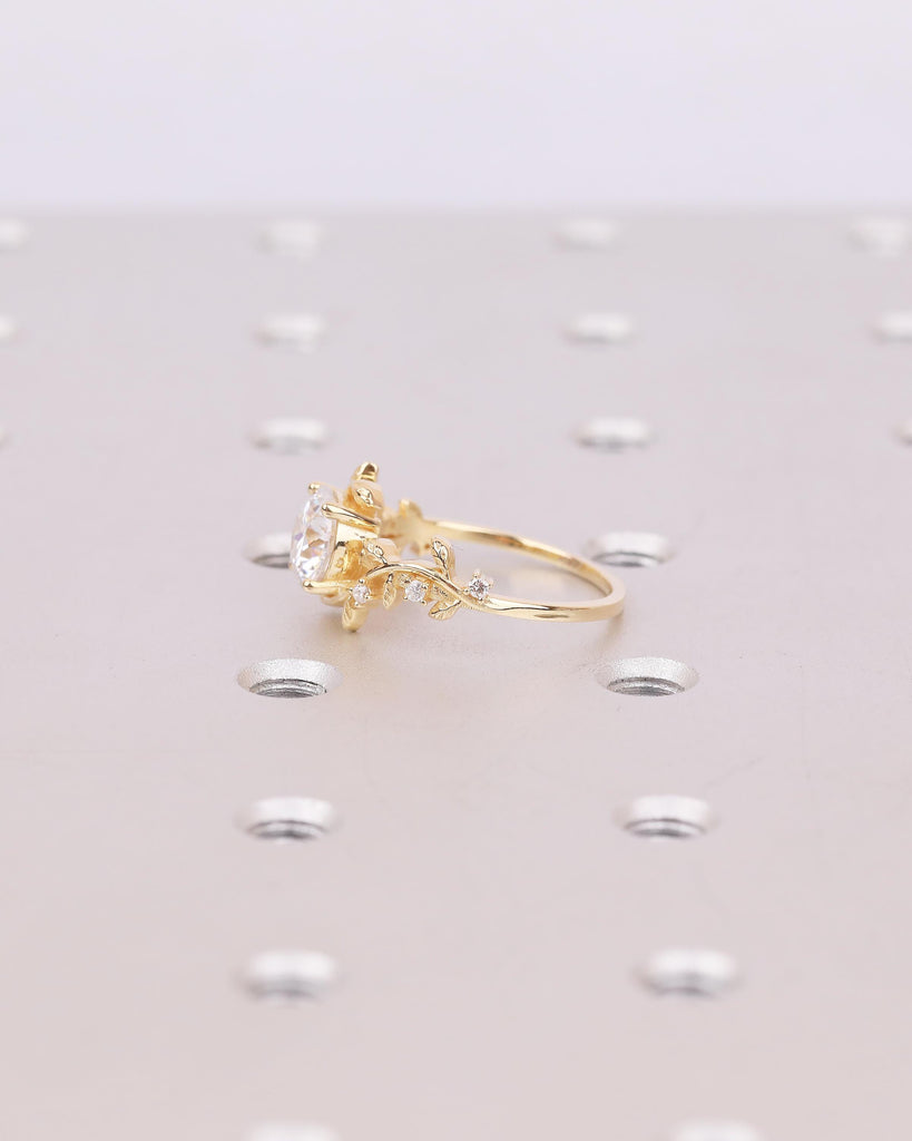18k Solid Gold Moissanite Engagement Ring, Vintage Wedding Anniversary Ring, Round Diamond Accents, Nature Jewelry, Promise Rings for Women image #16