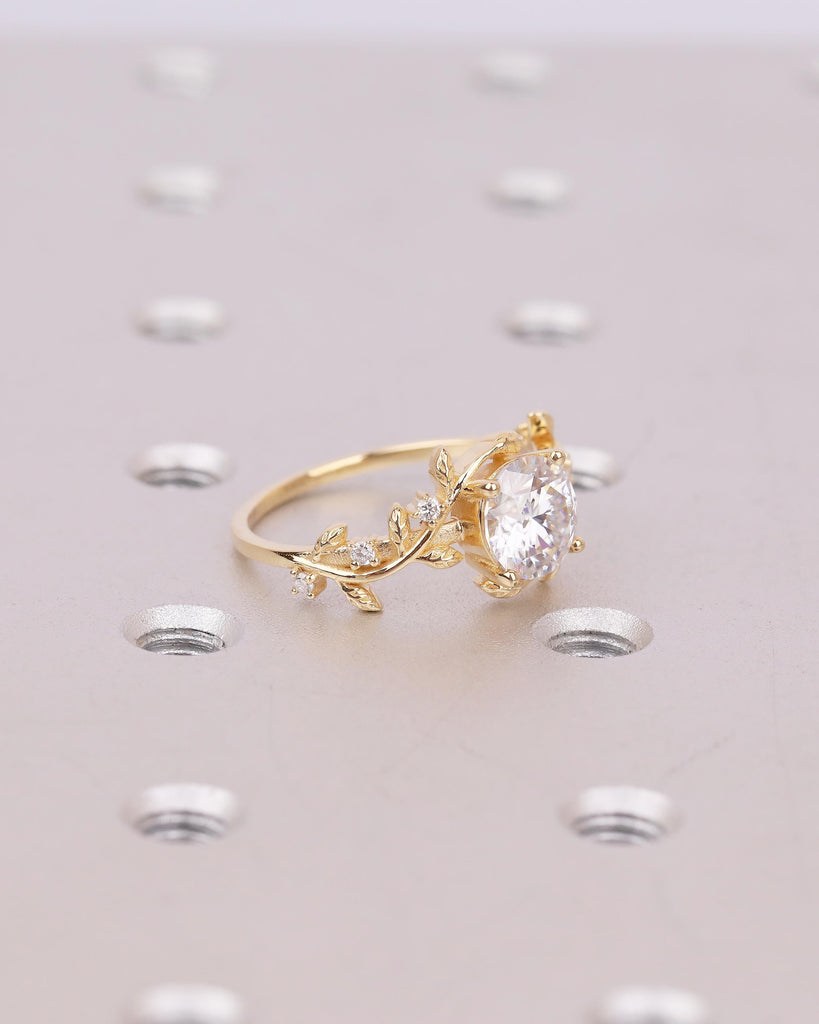 Round Moissanite Nature Inspired Engagement Ring in 18k Yellow Gold image #8